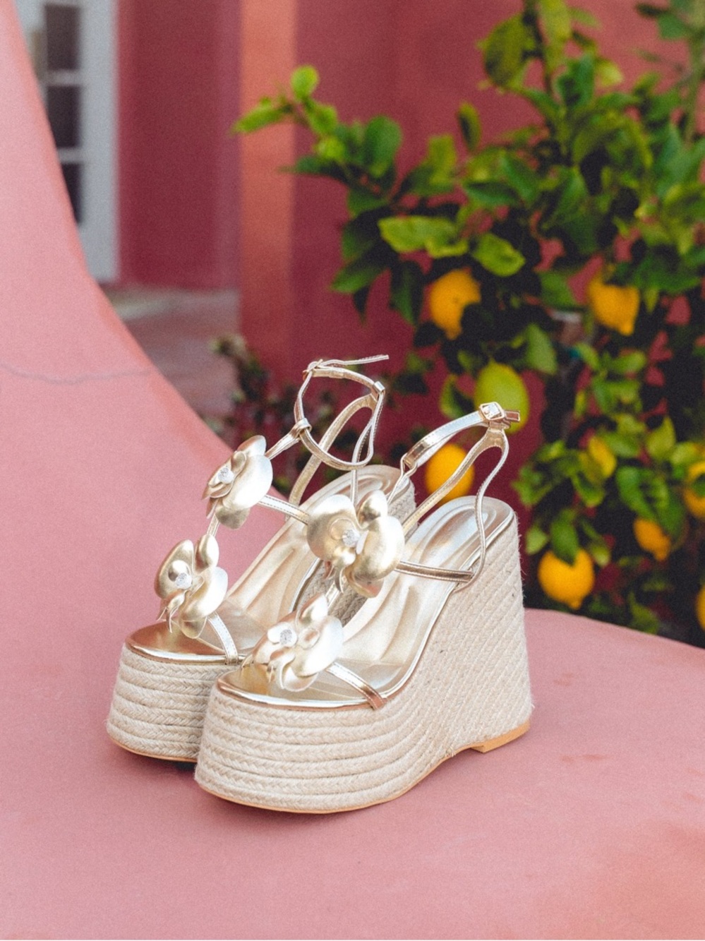 Gold Floral Espadrille Wedge Sandals - Women's Metallic Platform Wedges